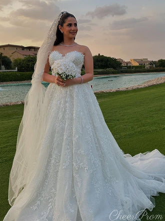 Elegant White Sweetheart Sleeveless A-Line Long Wedding Dresses With Sweep Trailing,CPD198
