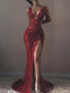 Sexy Red V-Neck Mermaid Side Slit Long Prom Dress Ideas, Evening Party Dresses , FM640