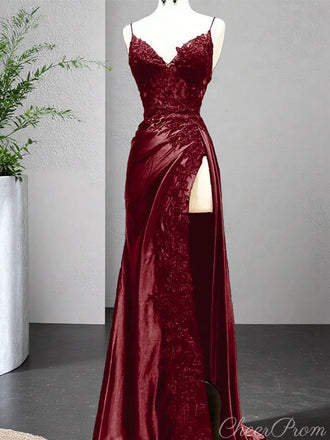Gorgeous Red Spaghetti Strap Mermaid Side Slit Long Prom Dress Ideas, Evening Party Dresses , FM645