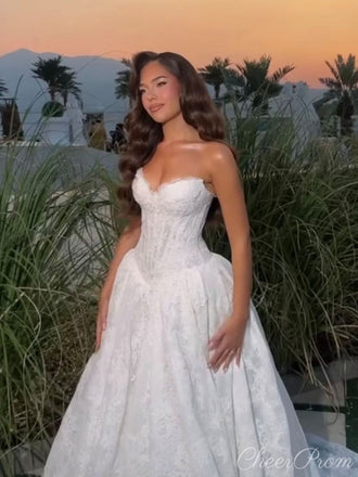 Sexy White Sweetheart Sleeveless A-Line Lace Long Wedding Dresses With Sweep Trailing,CPD196