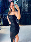 Shiny Black Spaghetti Strap Mermaid Side Slit Long Prom Dress Ideas, Evening Party Dresses , FM646
