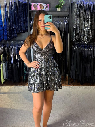 Shiny Spaghetti Strap Sleeveless A-line Sequin Short Homecoming Dresses For Party,CPH314