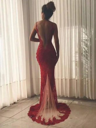 Sexy Red V-Neck Mermaid Side Slit Long Prom Dress Ideas, Evening Party Dresses , FM640