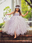 Lovely Grey Spaghetti Straps Square Tulle Applique Long Cheap Flower Girl Dresses, CPF10