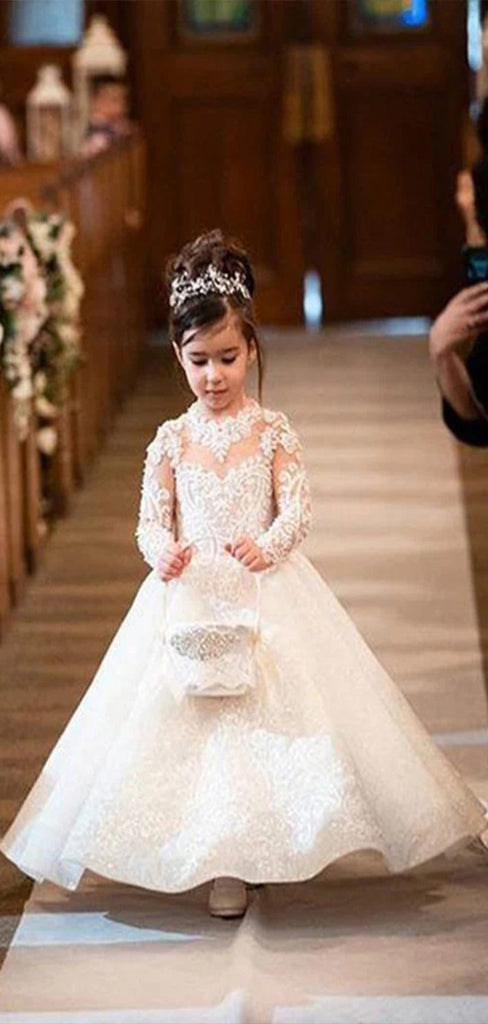 Cute Ivory Jewel Full Sleeve With Train Lace Long Cheap Flower Girl Dresses, CPF11