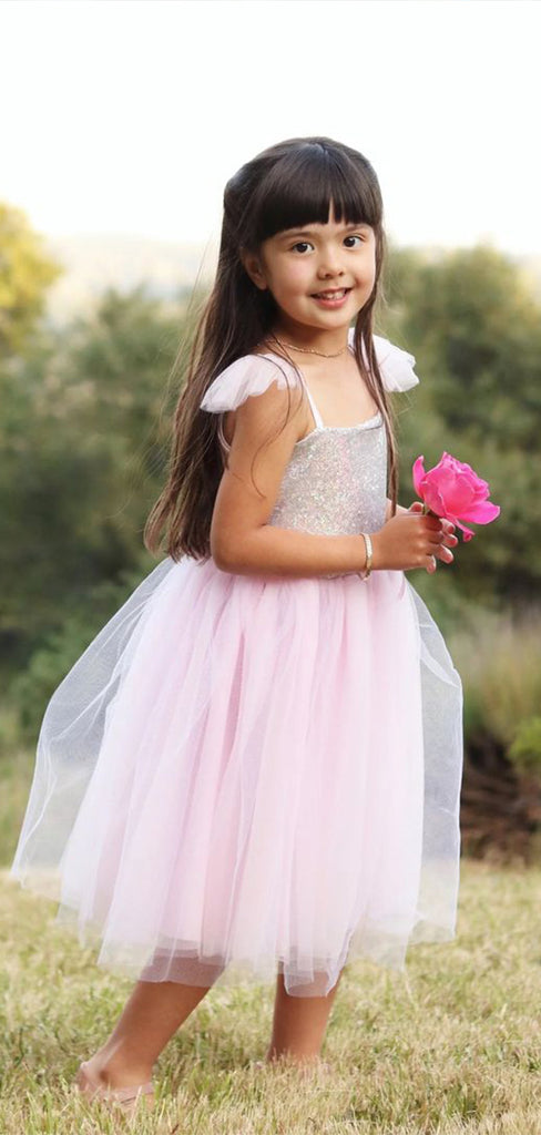 Cute Pink Spaghetti Straps Square Sequin Tulle Long Cheap Flower Girl Dresses, CPF12