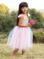 Cute Pink Spaghetti Straps Square Sequin Tulle Long Cheap Flower Girl Dresses, CPF12