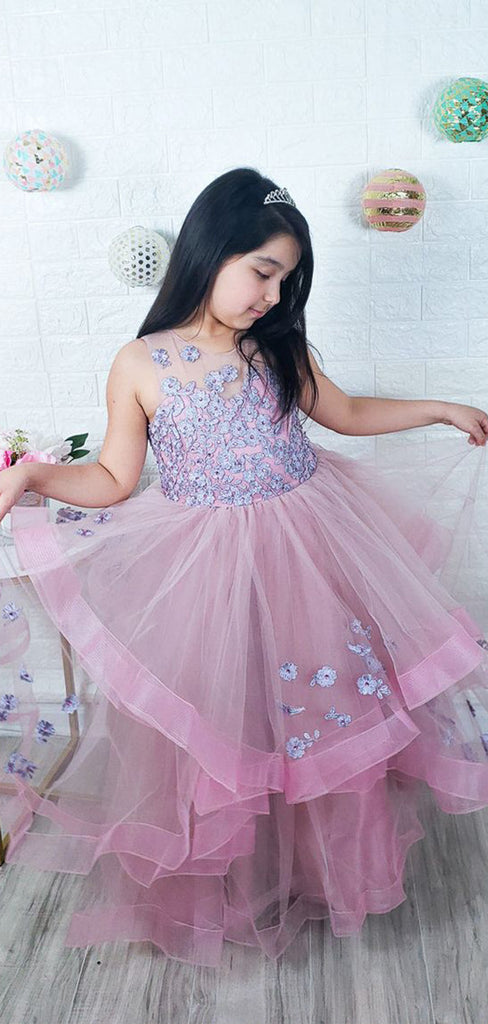 Lovely Round The Neck Applique Tulle Long Cheap Flower Girl Dresses, CPF13