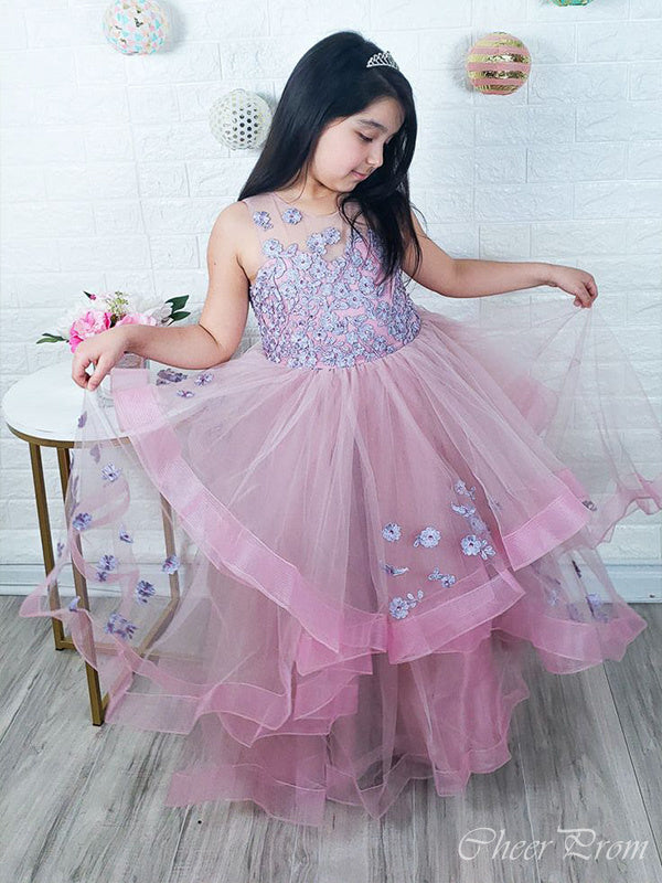 Lovely Round The Neck Applique Tulle Long Cheap Flower Girl Dresses, CPF13