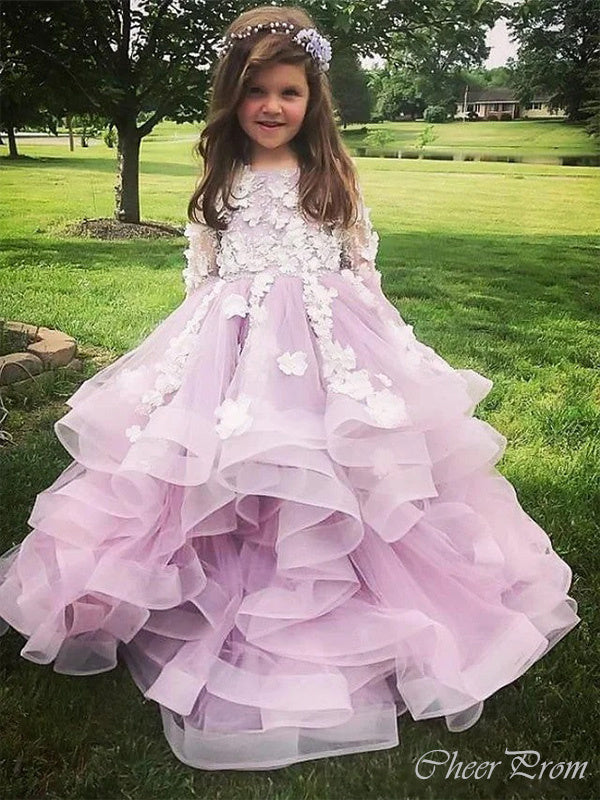 Lovely Purple Round The Neck Applique Tulle Long Cheap Flower Girl Dresses, CPF14