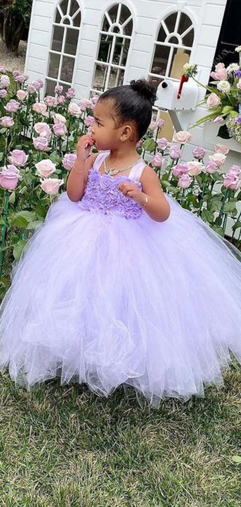 Cute Light Purple Straps Square Applique Tulle Long Cheap Flower Girl Dresses, CPF15