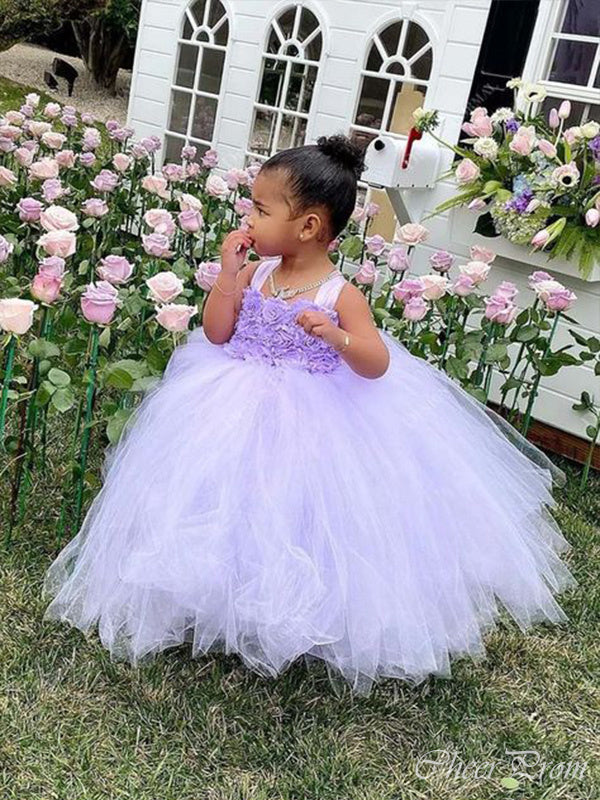 Cute Light Purple Straps Square Applique Tulle Long Cheap Flower Girl Dresses, CPF15