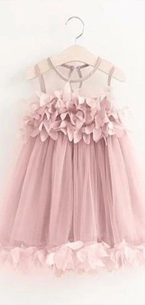 Cute Pink A-Line Jewel Sleeveless Applique Tulle Short Cheap Flower Girl Dresses, CPF16