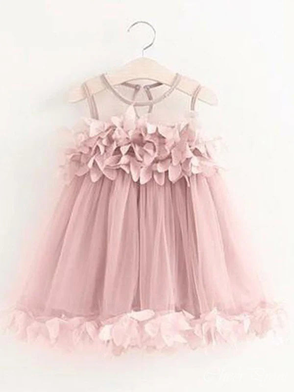 Cute Pink A-Line Jewel Sleeveless Applique Tulle Short Cheap Flower Girl Dresses, CPF16