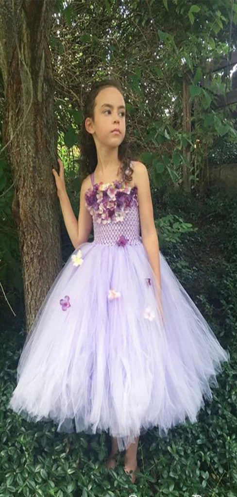 Elegant Purple A-Line Spaghetti Straps Applique Tulle Long Cheap Flower Girl Dresses, CPF17