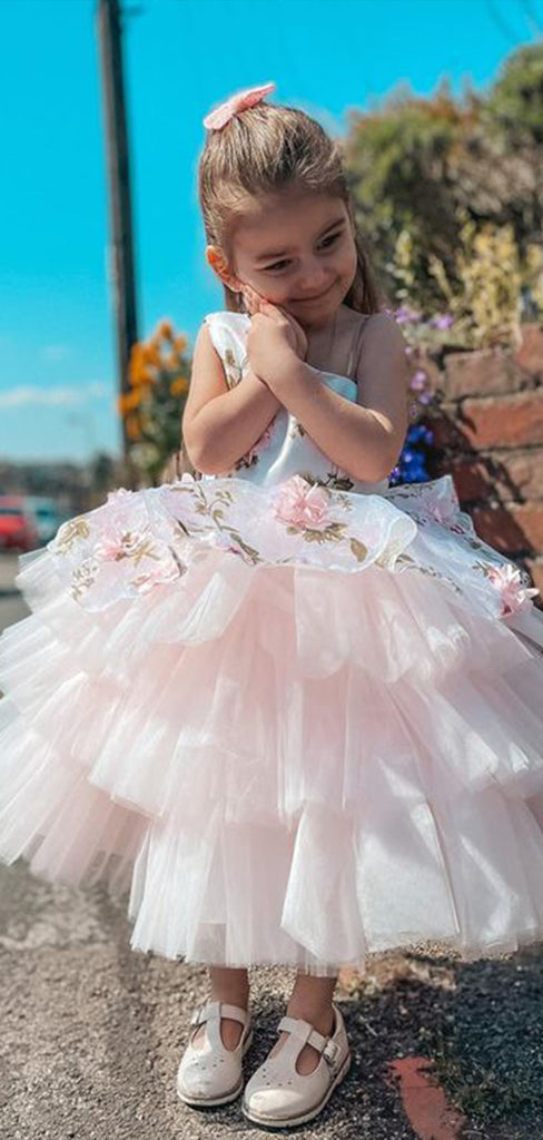 Lovely Ball Gown One Shoulder Applique Tulle Long Cheap Flower Girl Dresses, CPF18