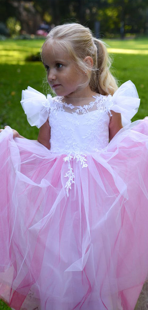 Elegant A-Line Sweetheart Cap Shoulder Lace Tulle Long Cheap Flower Girl Dresses, CPF19