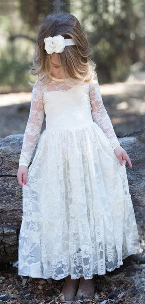 Elegant A-Line Round Neck Full Sleeve Lace Long Cheap Flower Girl Dresses, CPF20