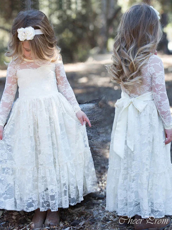 Elegant A-Line Round Neck Full Sleeve Lace Long Cheap Flower Girl Dresses, CPF20