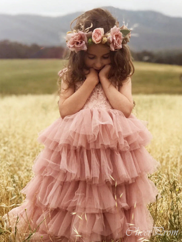 Cute Tulle Cap Shoulder Applique Ruffle Long Cheap Flower Girl Dresses, CPF22