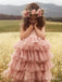 Cute Tulle Cap Shoulder Applique Ruffle Long Cheap Flower Girl Dresses, CPF22