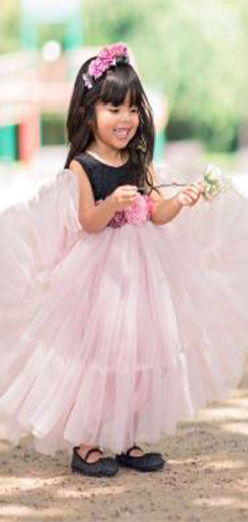 Simple Tulle Round Neck Sleeveless Applique Long Cheap Flower Girl Dresses, CPF23