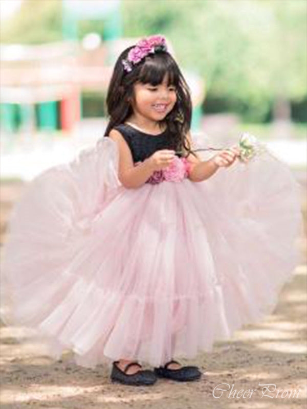 Simple Tulle Round Neck Sleeveless Applique Long Cheap Flower Girl Dresses, CPF23