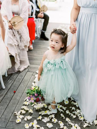 Lovely Light Green Tulle Round Neck Sleeveless Applique Long Cheap Flower Girl Dresses, CPF24