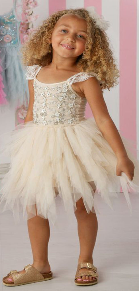 Simple Champagne Tulle Round Neck Cap Shoulder Applique Beads Long Cheap Flower Girl Dresses, CPF25