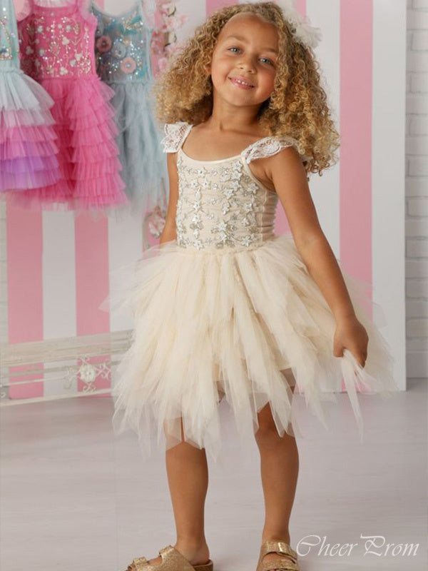 Simple Champagne Tulle Round Neck Cap Shoulder Applique Beads Long Cheap Flower Girl Dresses, CPF25