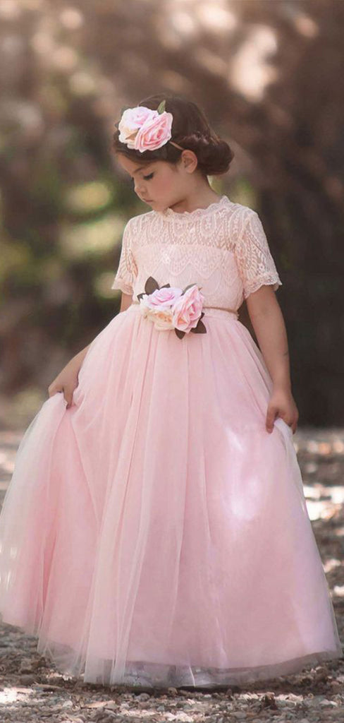 Elegant Pink A-Line Tulle Round Neck Half Sleeve Applique Long Cheap Flower Girl Dresses, CPF26