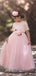 Elegant Pink A-Line Tulle Round Neck Half Sleeve Applique Long Cheap Flower Girl Dresses, CPF26