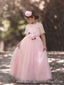 Elegant Pink A-Line Tulle Round Neck Half Sleeve Applique Long Cheap Flower Girl Dresses, CPF26