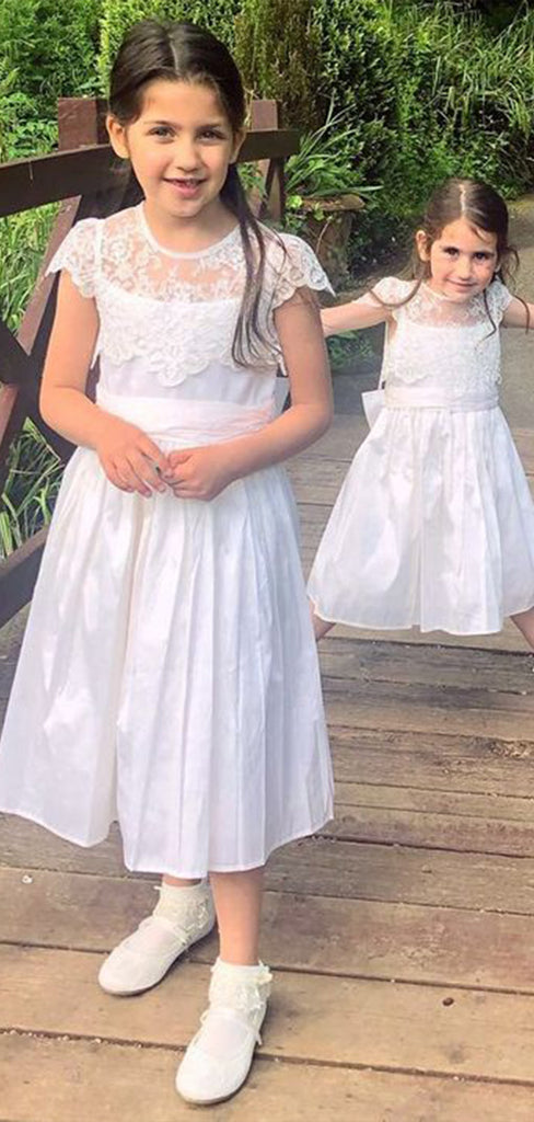 Simple White A-Line Lace Round Neck Cap Shoulder Applique Long Cheap Flower Girl Dresses, CPF27