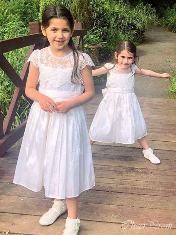 Simple White A-Line Lace Round Neck Cap Shoulder Applique Long Cheap Flower Girl Dresses, CPF27