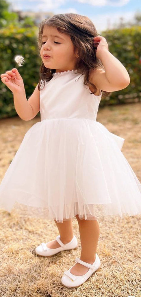 Cute A-Line Tulle Round Neck Sleeveless Beads Long Cheap Flower Girl Dresses, CPF29