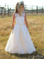 Elegant A-Line Lace Round Neck Sleeveless Applique Long Cheap Flower Girl Dresses, CPF31