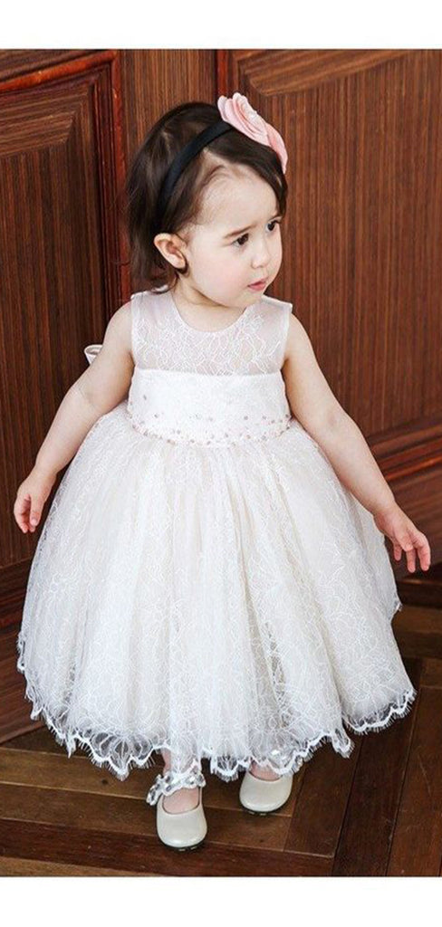 Lovely Ball Gown Lace Round Neck Sleeveless Applique Long Cheap Flower Girl Dresses, CPF32