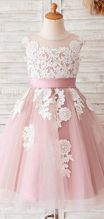 Cute Pink Ball Gown Round Neck Sleeveless Lace Long Cheap Flower Girl Dresses, CPF35