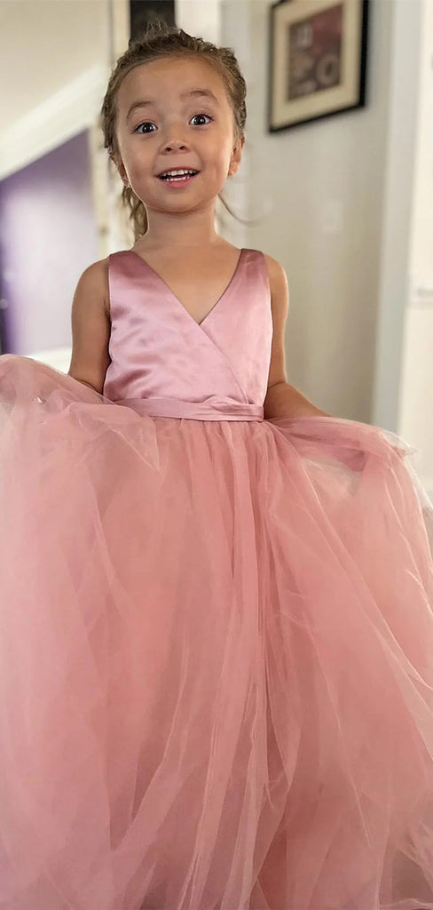 Elegant Dusty Pink Straps V Neck Sleeveless Tulle Long Cheap Flower Girl Dresses, CPF39