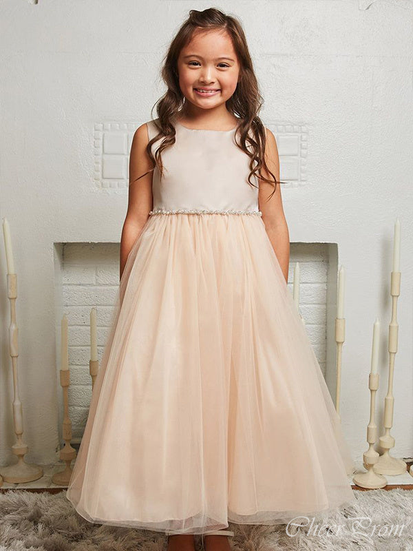 Simple Straps Round Neck Sleeveless Tulle Long Cheap Flower Girl Dresses, CPF40