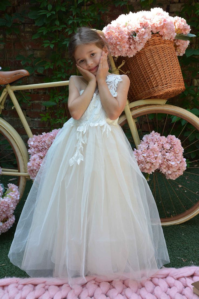 Lovely Straps Round Neck Sleeveless With Trailing Lace Long Cheap Flower Girl Dresses, CPF41