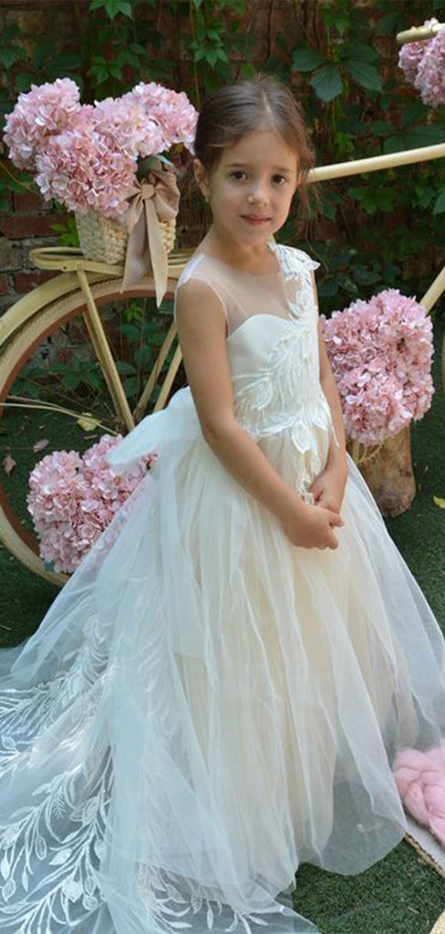 Lovely Straps Round Neck Sleeveless With Trailing Lace Long Cheap Flower Girl Dresses, CPF41