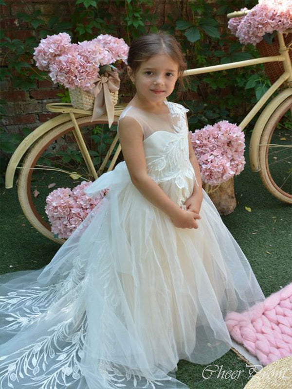 Lovely Straps Round Neck Sleeveless With Trailing Lace Long Cheap Flower Girl Dresses, CPF41