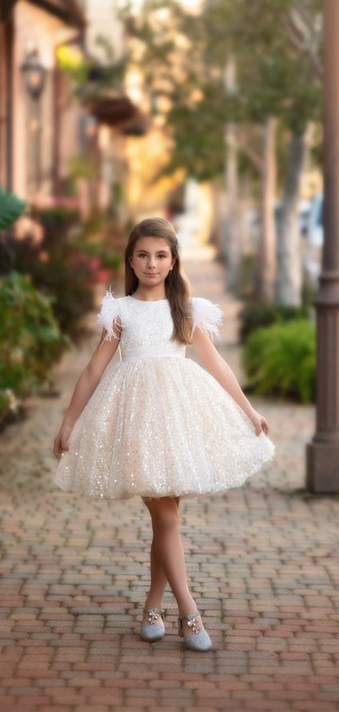 Cute Straps Round Neck Sleeveless Knee Length Sequin Cheap Flower Girl Dresses, CPF42