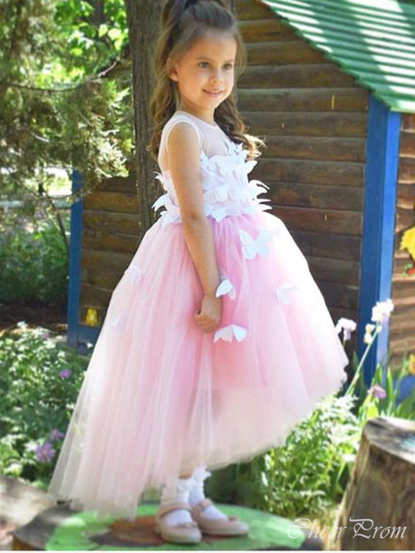 Lovely Straps Round Neck Sleeveless Short Front Long Back Applique Cheap Flower Girl Dresses, CPF43