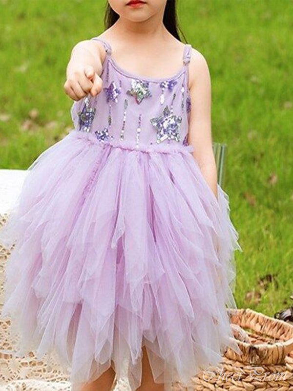 Cute Purple Spaghetti Straps Ruffle Sequin Cheap Flower Girl Dresses, CPF47