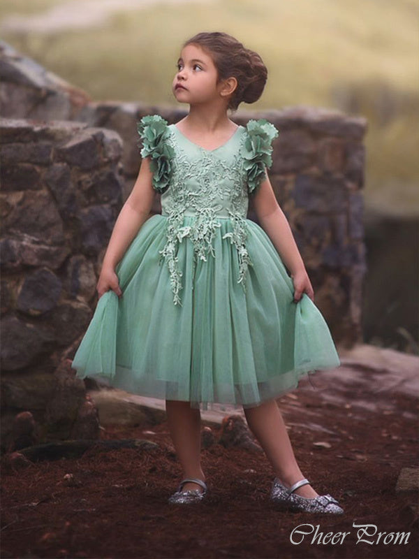 Floral Green Round Neck Cap Shoulder Applique Cheap Flower Girl Dresses, Princess Dresses CPF48