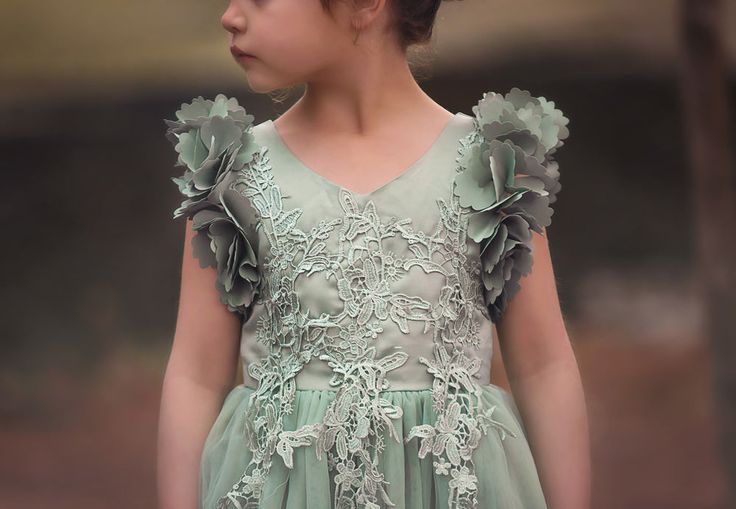 Floral Green Round Neck Cap Shoulder Applique Cheap Flower Girl Dresses, Princess Dresses CPF48