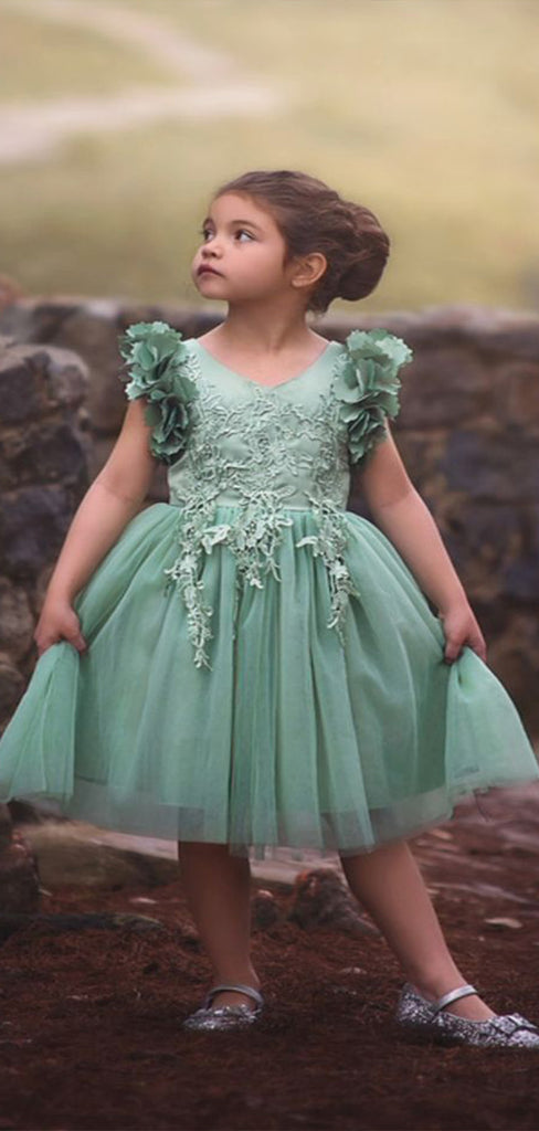 Floral Green Round Neck Cap Shoulder Applique Cheap Flower Girl Dresses, Princess Dresses CPF48